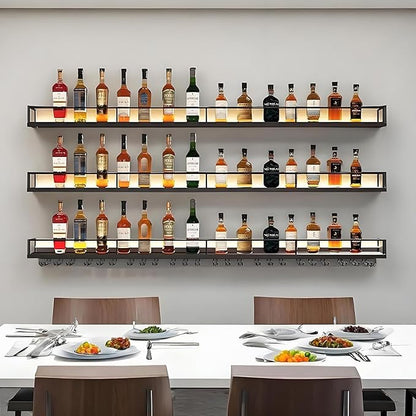 55in Wall-Mounted Metal Wine Rack with LED Lights 3-Tier Floating Bar Shelves with Wine Glass Rack Large Wine Bottle Display Rack Hanging Shelf, for Home Bar Dining Room Decorative (black, 140cm/55in)