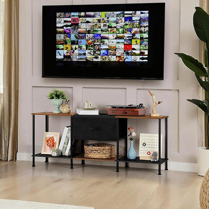 Vrisa TV Stand for 50/55 inch Television TV Cabinet with Open Storage TV Stands with Fabric Drawer Storage Organization TV Stands for Living Room Bedroom, Black+Brown
