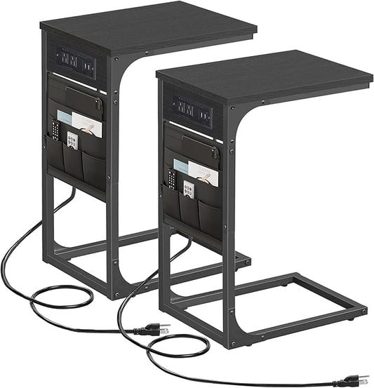 TUTOTAK C Shaped End Table with Charging Station, Side Table for Sofa, Couch Table with Storage Bag, Set of 2, TV Tray Table with 2 USB Ports and Outlets for Living Room, Bedroom, Black TB01BK0242