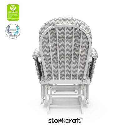 Storkcraft Premium Hoop Glider & Ottoman (White/Gray Chevron) — GREENGUARD Gold Certified Nursery Glider, Solid Wood Craftsmanship, Smooth-Gliding Nursery Chair and Ottoman, Award-Winning