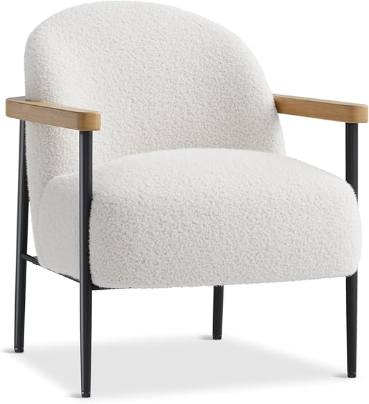Garvee Modern Accent Chair, White Comfy Chair with Teddy Fabric, Wood Arms, Metal Frame & Adjustable Feet, Mid Century Modern Chair for Living Room,Bedroom, Office