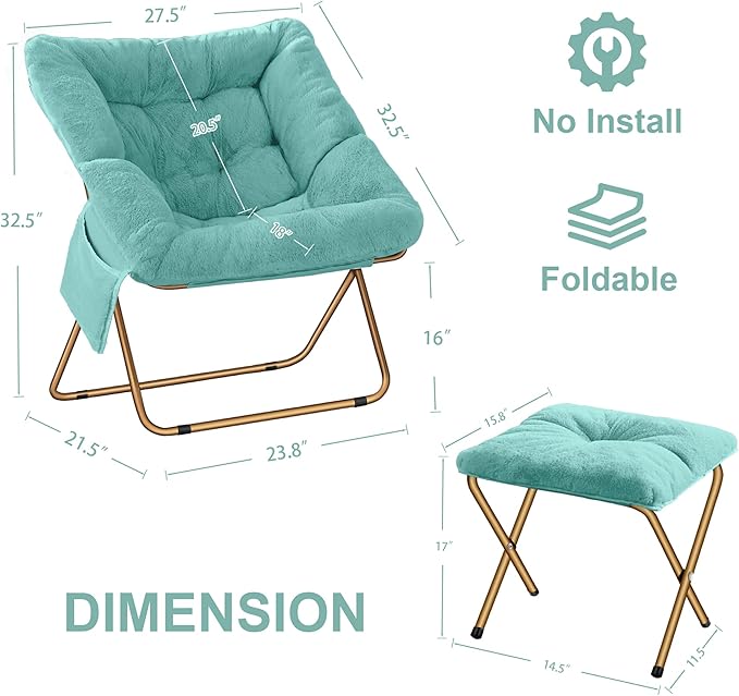 Comfy Saucer Chair for Adults, Foldable Living Room Chairs, Soft Faux Fur Lounge Chair for Bedroom, Reading Chairs, X-Large (Ottoman-Mint)