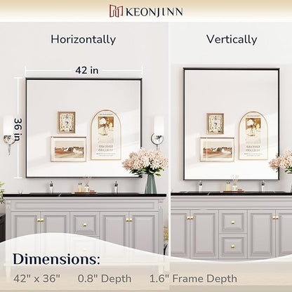 Keonjinn Black Framed Mirror 42 x 36 Inch Bathroom Vanity Mirror for Wall Metal Frame Rectangle Bathroom Mirror Large Farmhouse Mirror Modern Matte Black Mirror for Over Sink(Horizontal/Vertical)