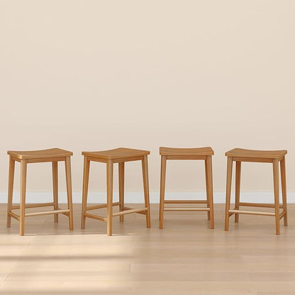 Plank+Beam Smythe Counter Stool, 24", Set of 4, Sturdy Wood Modern Kitchen Counter Height Stool, Saddle Seat Backless Counter Chair, Metal Footrest, Pecan