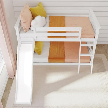 Max & Lily Solid Wood Twin Over Twin Size Low Bunk Beds for Kids with Slide and Ladder, 400 lbs Weight Capacity, 14" Safety Guardrail, Anti-Slip Steps, White