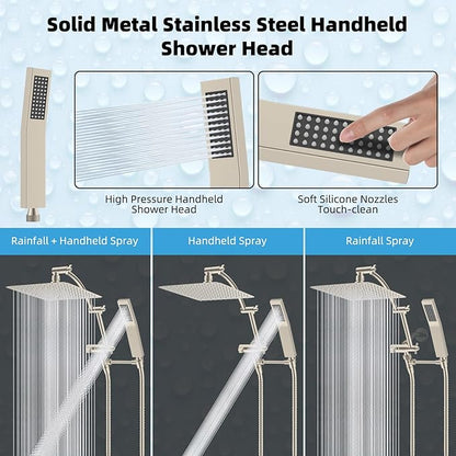 Hibbent All Metal 12'' Rainfall Shower Head, Dual Shower Head Combo, High Pressure Handheld Shower Wand, 16'' Adjustable Arc-shaped Shower Extension Arm, 71'' Hose, Showerhead Holder, Brushed Nickel