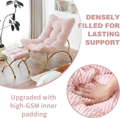 Welnow Accent Chair with Ottoman, Lounge Comfy Soft Leisure Metal Frame Reading Chair with Footrest, Upholstered Thick Cushion Seated Recliner Sofa for Living Room, Bedroom, Dorm, Pink