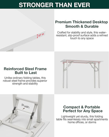 Frylr Small Folding Computer Desk – 43.3 Inch Portable Table for Craft and Study, Lightweight Desk for Small Spaces, Foldable Laptop Table Built-in AC/USB Outlets for Convenience, White