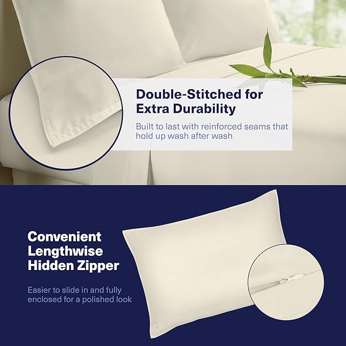 Kickoff Viscose Bamboo Sheets Queen Size 4-pc 100% Organic Bamboo Viscose Bed Cooling Sheets Queen Size Set Cool Bedding for hot Sleepers Sheet, Flat, Fitted, Pillowcases (Buttercream, Q)