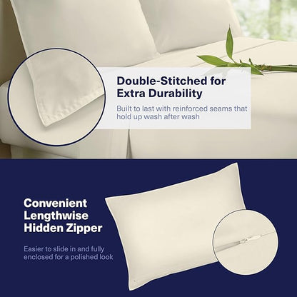 Kickoff Viscose Bamboo Sheets Queen Size 4-pc 100% Organic Bamboo Viscose Bed Cooling Sheets Queen Size Set Cool Bedding for hot Sleepers Sheet, Flat, Fitted, Pillowcases (Buttercream, Q)