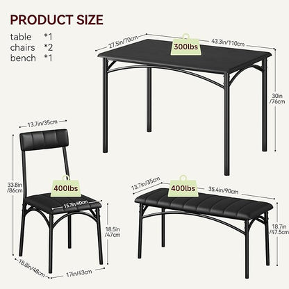 Garvee Dining Table Set for 4, Kitchen Table with Upholstered Bench and 2 Chairs, 4-Piece Wooden Dining Table Set for Apartment, Dining Room, Small Space, Black