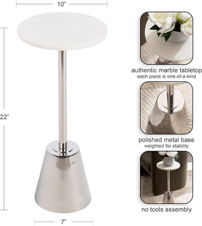 Kate and Laurel Tira Elegant Round Drink Table, 10 x 22, White Marble and Silver, Modern Glam Circle Martini Table for Use as a Small Bedroom Nightstand or Living Room Plant Stand Option