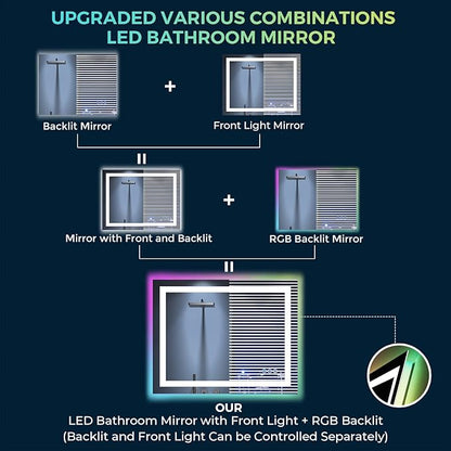 36x30 Inch RGB LED Bathroom Mirror Front Light and RGB Backlit Lighted Vanity Mirror for Bathroom Wall Mounted Dimmable Anti Fog Memory Shatter-Proof IP54 Waterproof Horizontal/Vertical