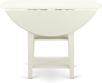 East West Furniture SUDA5-LWH-C 5 Piece Kitchen Table Set for 4 Includes a Round Dining Room Table with Dropleaf & Shelves and 4 Linen Fabric Upholstered Chairs, 42x42 Inch, Linen White