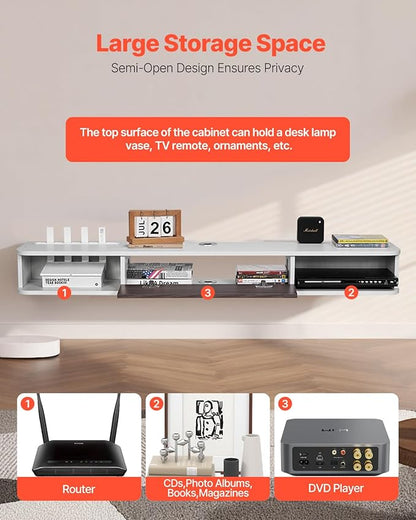 VEVOR Floating TV Stand, 55'' Under TV Shelf Wall Mounted Floating TV Console Modern Entertainment Center with Storage Cabinet, for Bedroom & Living Room, White