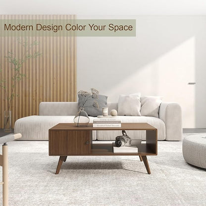 Mid Century Modern Coffee Table with Storage, Walnut Wood Center Table with Cabinet & Open Shelf, Retro Accent Furniture for Living Room & Small Spaces