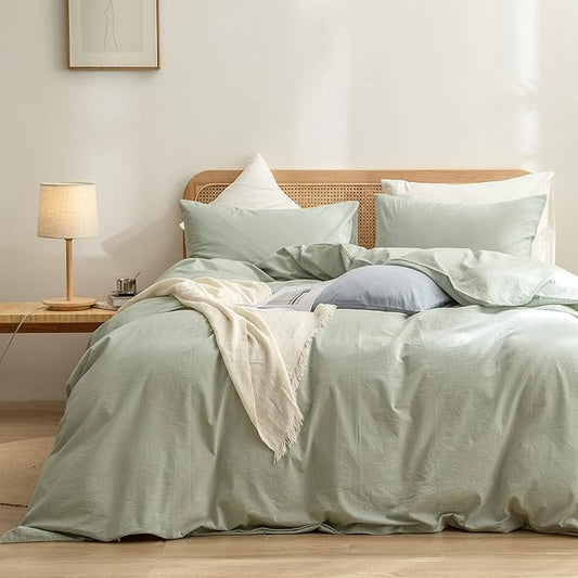 BESTOUCH Duvet Cover Set 100% Washed Cotton Linen Feel Super Soft Comfortable Chic Lightweight 3 PCs Home Bedding Set Solid Sage Green Super Queen