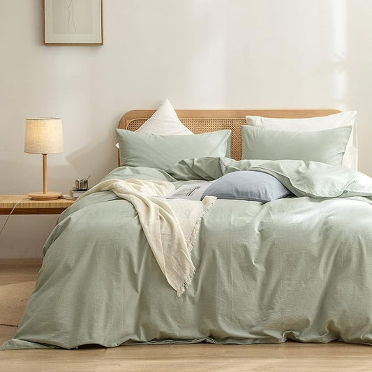BESTOUCH Duvet Cover Set 100% Washed Cotton Linen Feel Super Soft Comfortable Chic Lightweight 3 PCs Home Bedding Set Solid Sage Green Oversized Queen