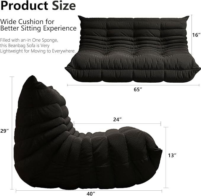 Bean Bag Chairs for Adults, BeanBag Reading Chair Memory Foam Couch 3-Seater, Floor Chair Soft Teddy Material, Comfy Reading Nook Chairs for Bedroom Living Room Office (Black)