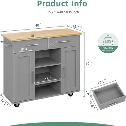 Shintenchi Kitchen Island with Storage, Kitchen Island Cart on Wheels with 3 Open Shelves, 2 Drawers and 2 Cabinets, Rolling Kitchen Table with Large Countertop, Gray