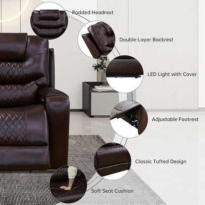 PU Leather Power Wall Hugger Chair Double Reclining Sectional Sofa 2-Seater Loveseat Couch with Center Storage Console, USB Ports, Cup Holders and Ambient LED Light for Living Room RV Theater Seating