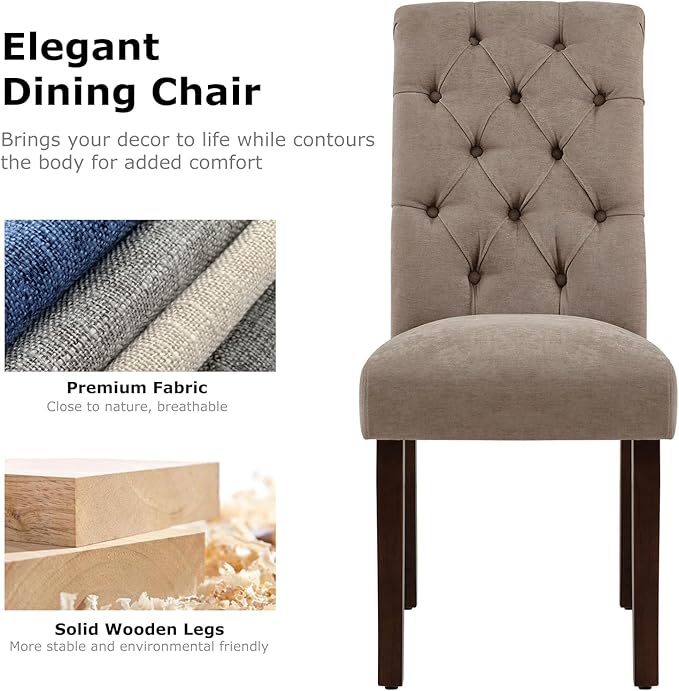 COLAMY Button Tufted Dining Chairs Set of 2, Parsons Upholstered Fabric Dining Room Chairs Kitchen Chairs with Wood Legs and Padded Seat, Taupe