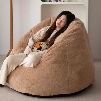N&V Large Shell Bean Bag Chair, Adult Size Bean Bag Sack, Foam Filling, Includes Removable and Machine Washable Cover, 40in, Soft Faux Fur, Brown