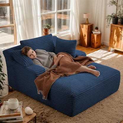 Oversized Chaise Daybed Lounge Sleeper Chair Sofa Bed Indoor, Fluffy Corduroy Upholstered Sleeper Recliner Sofabed Full Foam Boneless Cloud Sofabed W/3 Pillows for Home/Apartment Living Room Bedroom