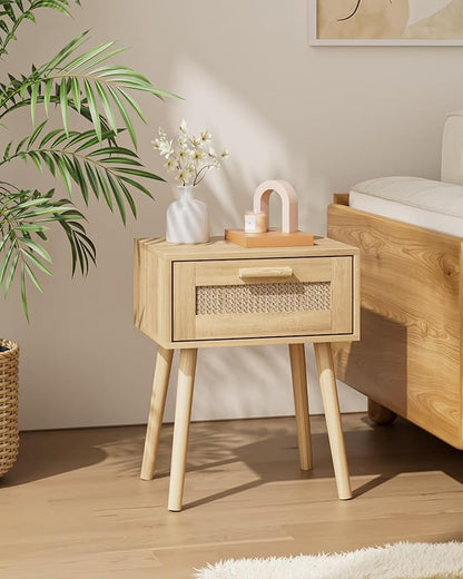 Rattan Nightstand, Small Night Stand, Side Table with Drawer Open Shelf, Cane Accent Bedside End Table with Wood Legs, Bohemian Wood Nightstand for Bedroom, Oak (Bohemian)