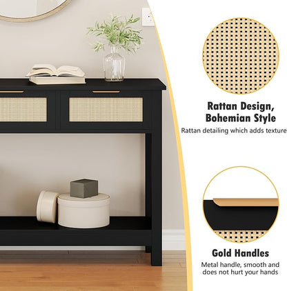 Luoxiao Entryway Console Table with 3 Rattan Drawers - Long Sofa Table Behind Couch Modern Fluted Hallway Living Room Storage Cabinet, Entry Table Open Shelf Foyer Furniture, Anti-Tip, Black, 47 Inch