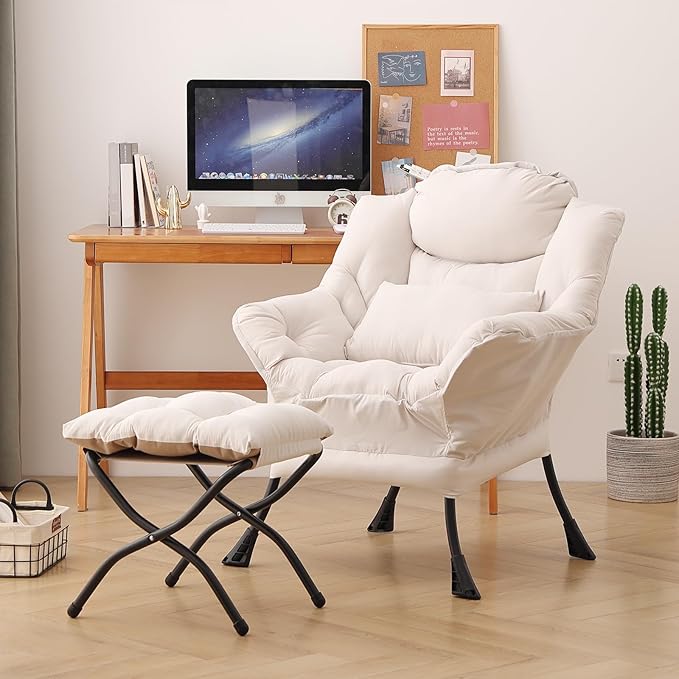 Lazy Chair with Ottoman, Modern Accent Chair with Lumbar Pillow, Comfy Chairs with Folding Footrest for Bedroom, Reading, Oversized Supportive Lounge Chairs(Beige)