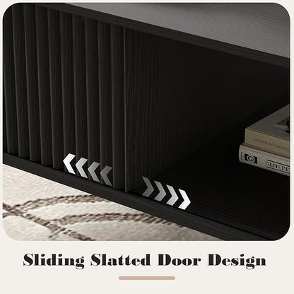41.34''D Coffee Table, 2-Tiers Farmhouse Coffee Tables With Storage and Sliding Wave Pattern Door, Modren Tea Table, Wooden Dining Center Tables for Living Room, Office, Bedroom, Outdoors, Black
