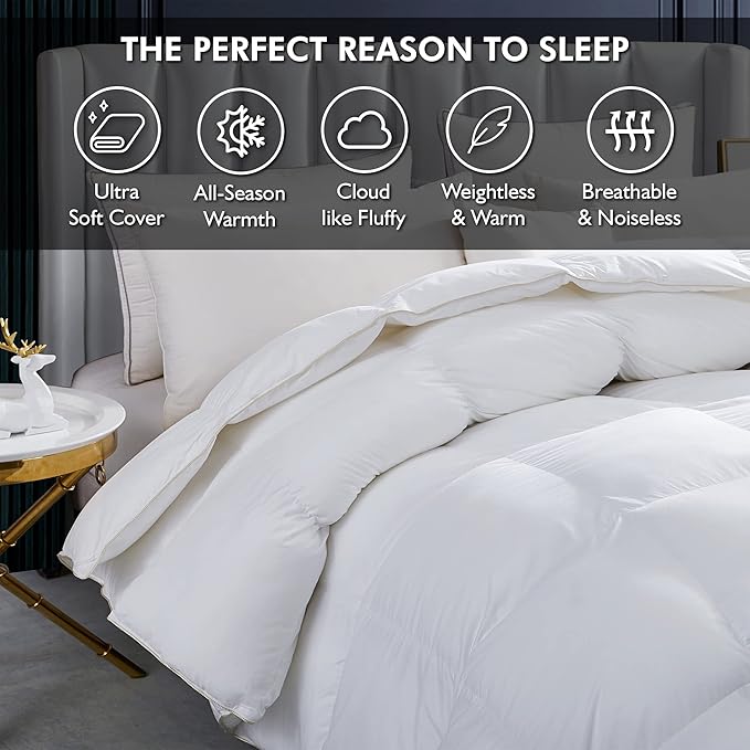 Luxurious White Solid Heavy Weight, California King Size Goose Feathers Down Comforter for Winter Weather Duvet Insert, Premium Baffle Box, 100% Egyptian Cotton Cover, 80 oz. Fill Weight