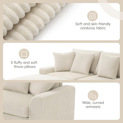 Merax 114 * 64" Corduroy Sectional Couches with Bluetooth Speakers, Storage, Ottoman & Pillows, Upholstered Modular Sofa Chaise with Console, USB Charger, Cup Holders for Living Room Apartment, Cream