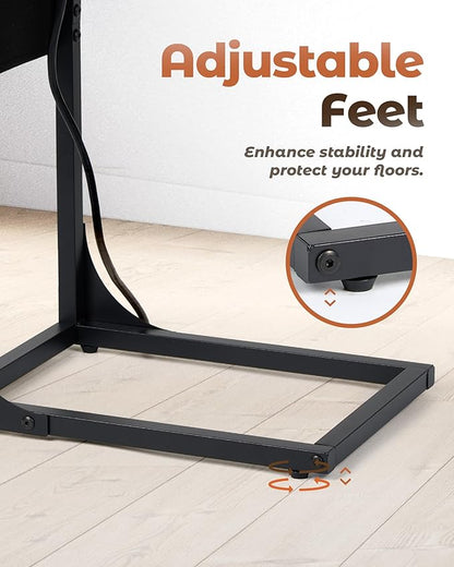 C Shaped End Table with Charging Station, Couch Side Table with Storage Pocket, Slide Under Couch Sofa Table Tray, Greige