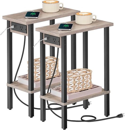 HOOBRO Small End Table with Charging Station, Set of 2, Narrow Side Table with USB Port and Outlets, Skinny Sofa Table, Slim Nightstand, Living Room, Bedroom, Greige and Black BG240UBZP201