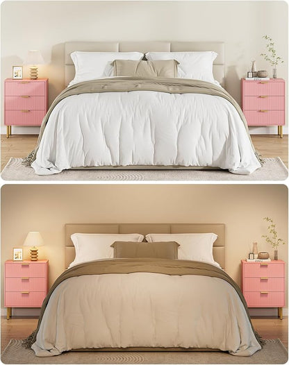 Night Stand,Tall Bedside Table with 3Storage Drawers,Pink nightstand,Bedside Furniture,Side Table with Gold Frame,Drawer Dresser for Bedroom,Living Room (Modern-3drawers, Pink)