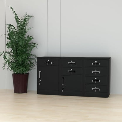 Metal Storage Cabinet with Locking Door and 2 Lockable Drawers for Home Office Bedroom Living Room (Black)