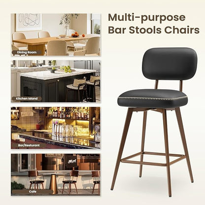 Swivel Bar Stools Set of 3, Mid Century PU Leather Counter Height Bar Chairs with Low Back and Metal Legs, Modern Bar Stool Chair for Kitchen Island, Black