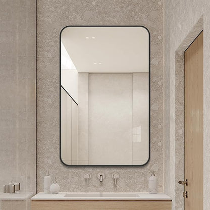 Large Modern Bathroom Mirror with Black Frame, 5mm Copper Free Silver Mirror,Black Frame, Easy Installation (Black, 30" L x 24" W)