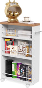 LITTLE TREE 4 Tier Rolling Cart with Wheels, 6.3 Inch Slim Storage Cart, Wooden Snack Cart with Narrow Shelf, White Laundry Room and Bathroom Organizer Shelves