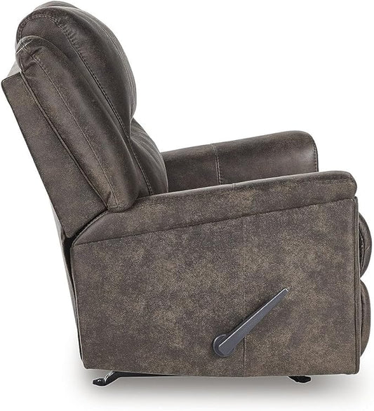Signature Design by Ashley Skymaker Modern Faux Leather Manual Rocker Recliner with Track Arms, Dark Brown