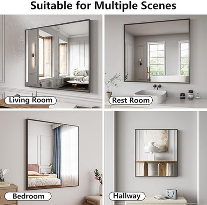 Bathroom Mirror 36x40 Black Bathroom Wall-Mounted Mirrors, Modern Vanity Mirror for Bedroom, Living Room, Aluminum Alloy Frame Allow to Hang Horizontally or Vertically