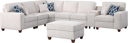 127" L-Shaped Sectional Couch with Movable Ottoman & 6 Throw Pillows,7 Seat Chenille Upholstered Sofa W/2 Cup Holder,USB Port & Hidden Storage Box,DIY Combination,for Living Room,Apartment,Beige