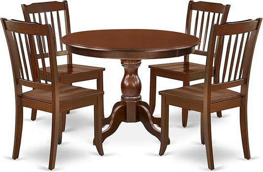 East West Furniture HBDA5-MAH-W 5 Piece Dining Set Includes a Round Dining Table with Pedestal and 4 Kitchen Chairs, 42x42 Inch, Mahogany