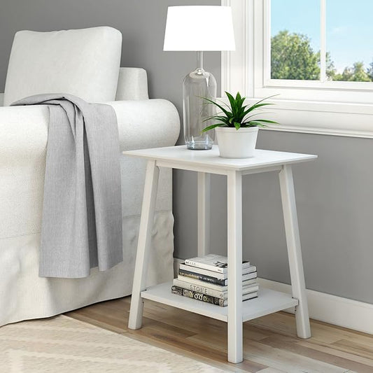 Plank+Beam Wooden Side Table with Storage, Mid Century Modern End Tables for Living Room, Small Solid Wood Nightstand, Bedside Tables, Bedroom Furniture, White