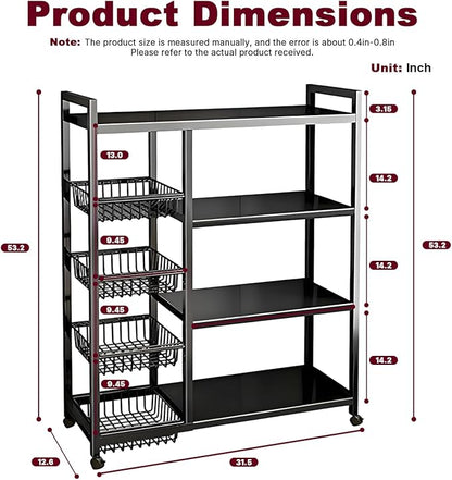 4-Tier Versatile Metal Storage Rack,Vegetable Fruit Basket Kitchen Storage Rolling Cart on Wheels, Kitchen Storage Shelf with 4 Removable Mesh Baskets,Can be Used in Bedrooms,Kitchens,Living Rooms