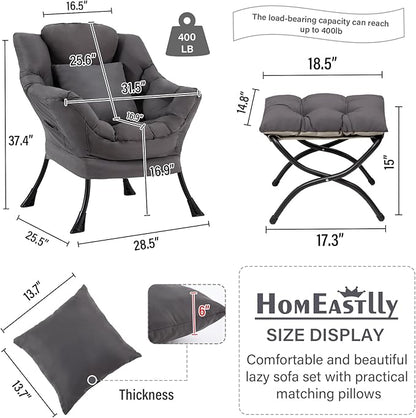 Large Lazy Chair with Ottoman, Accent Reading Chair with a Throw Pillow, Cozy Lounge Chair with Armrest, Leisure Sofa Chair for Living Room, Bedroom, Dorm, Dark Grey