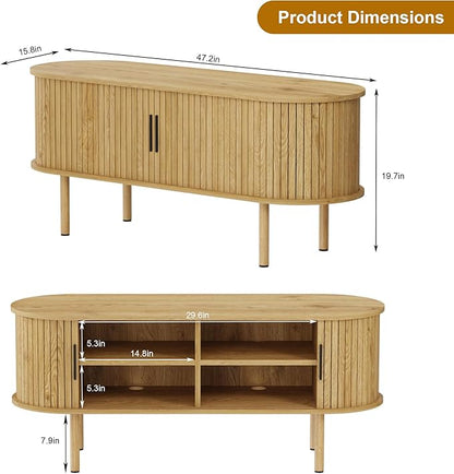 47.2" TV Stand, Modern TV Console Table with Storage Compartment and Sliding Door, Gaming Entertainment Center with Cabinet for Living Room, Bedroom, Office, Oak
