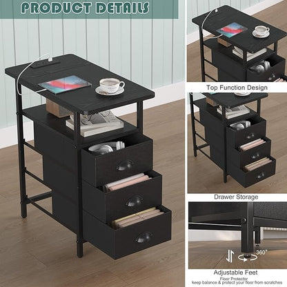 End Table with Charging Station,LED Side Tables with USB Ports and Outlets,Narrow Nightstands Bedside Tables with 3 Drawers PU Finish for Small Space,Slim Sofa Table for Livingroom,Black